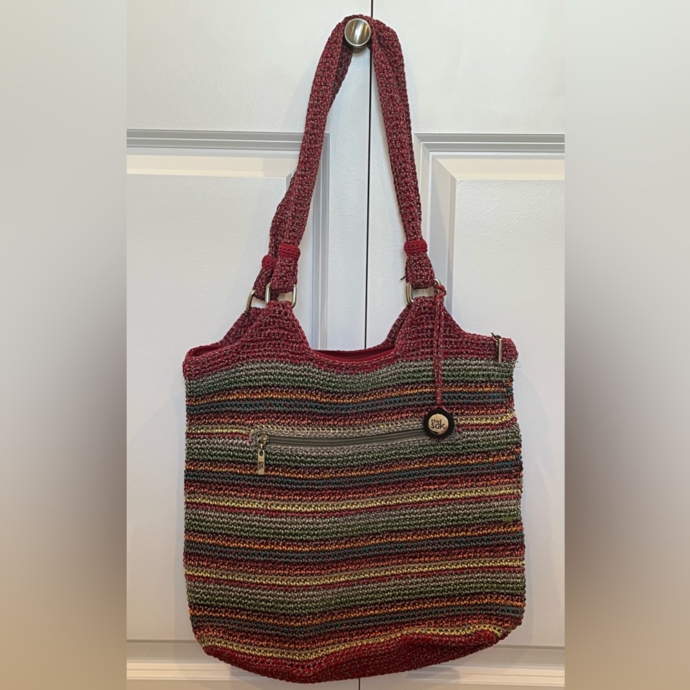 The Sak Striped Crochet Tote with Red Handles